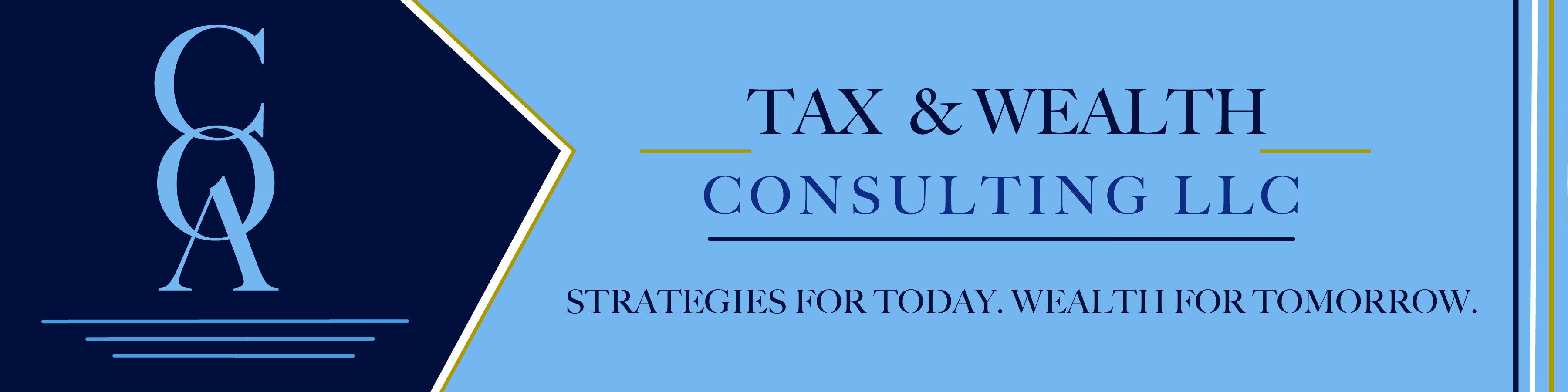 Logo for Tax & Wealth Consulting LLC on a blue background with the slogan "Strategies for today. Wealth for tomorrow." displayed below the company name.
