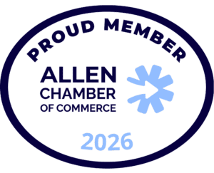 Oval badge with text "Proud Member Allen Chamber of Commerce 2026" and a blue abstract symbol inside.
