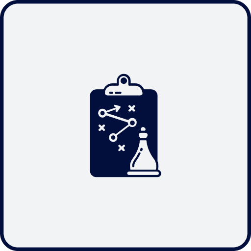 Icon of a clipboard with a strategic plan diagram and a chess piece, symbolizing planning or strategy, on a light gray background.