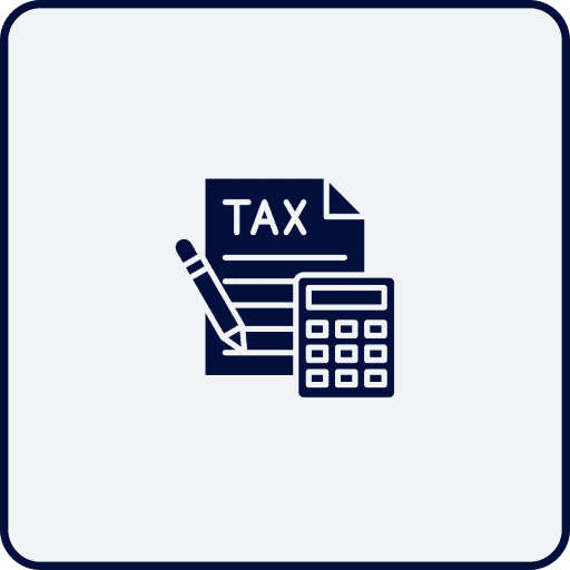 Icon of a tax document, pencil, and calculator on a light background, representing tax preparation or financial calculations.