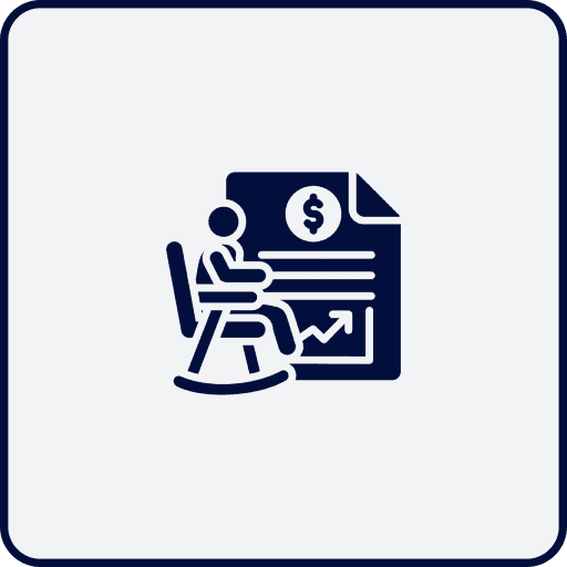 Icon of a person sitting in a chair next to a financial document with a dollar sign and an upward arrow graph.