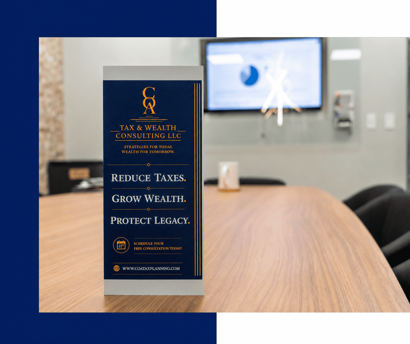 A brochure for Tax & Wealth Consulting LLC stands on a conference table in an office with a screen and chairs in the background.